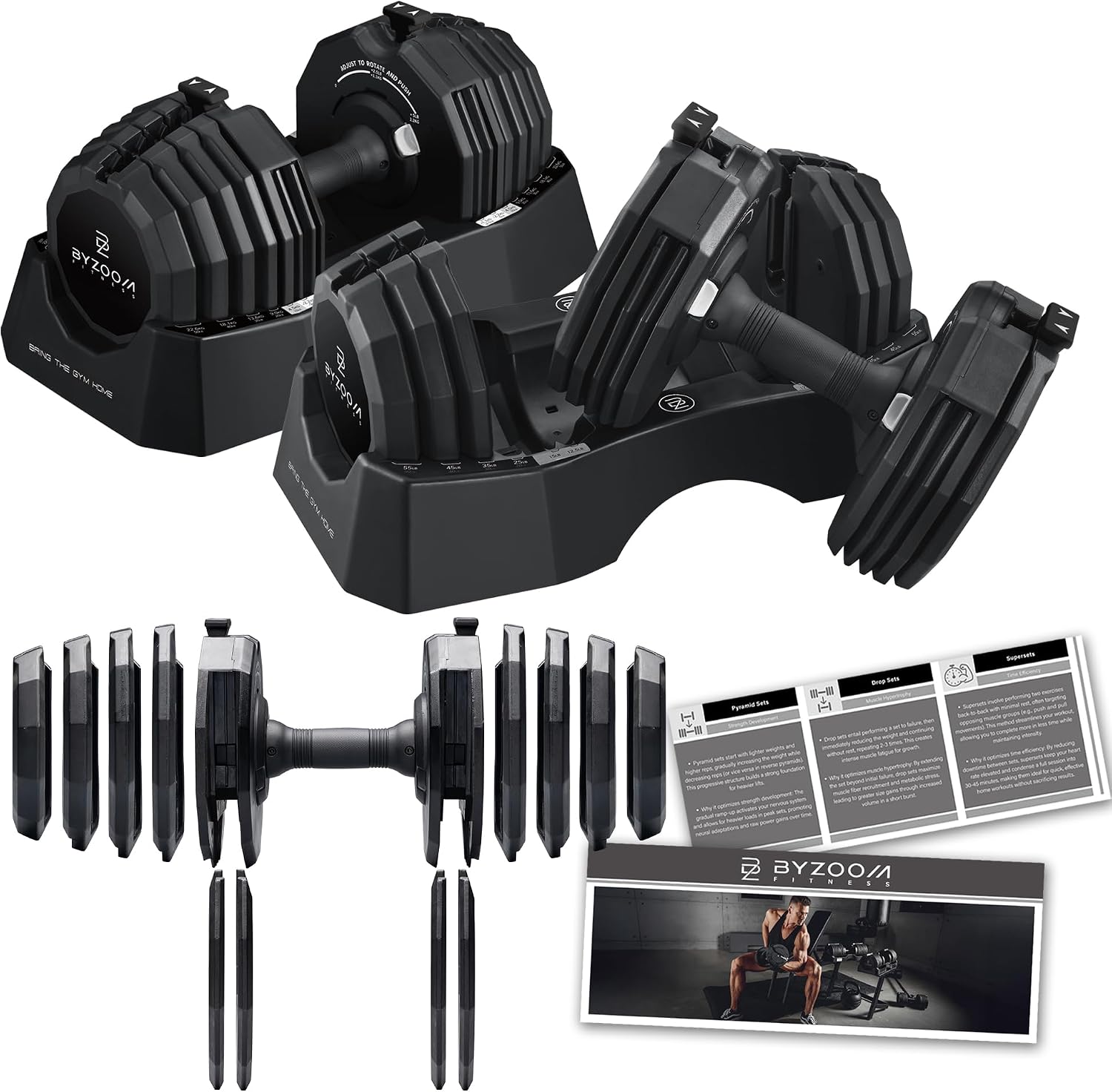 BYZOOM FITNESS Classic Series 50/55LB Adjustable Dumbbell Pair Set of 2 OR Single Unit (Check qty before purchase), 5-in-1 OR 15-in-1 Patented Secure System, Solid Cast Iron Core, Iconic 12-Sided Polygonal Anti-Roll Base, Professional Heavy Weight for Men and Women, Black