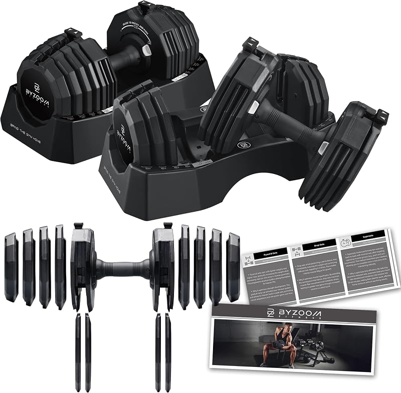 BYZOOM FITNESS Classic Series 50/55LB Adjustable Dumbbell Pair Set of 2 OR Single Unit (Check qty before purchase), 5-in-1 OR 15-in-1 Patented Secure System, Solid Cast Iron Core, Iconic 12-Sided Polygonal Anti-Roll Base, Professional Heavy Weight for Men and Women, Black