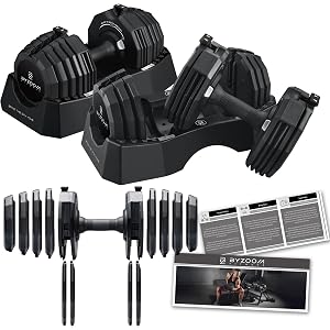 BYZOOM FITNESS Classic Series 50/55LB Adjustable Dumbbell Pair Set of 2 OR Single Unit (Check qty before purchase), 5-in-1 OR 15-in-1 Patented Secure System, Solid Cast Iron Core, Iconic 12-Sided Polygonal Anti-Roll Base, Professional Heavy Weight for Men and Women, Black