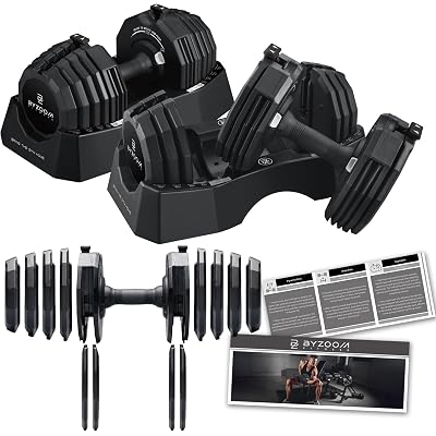 BYZOOM FITNESS Classic Series 50/55LB Adjustable Dumbbell Pair Set of 2 OR Single Unit (Check qty before purchase), 5-in-1 OR 15-in-1 Patented Secure System, Solid Cast Iron Core, Iconic 12-Sided Polygonal Anti-Roll Base, Professional Heavy Weight for Men and Women, Black