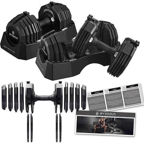BYZOOM FITNESS Classic Series 50/55LB Adjustable Dumbbell Pair Set of 2 OR Single Unit (Check qty before purchase), 5-in-1 OR 15-in-1 Patented Secure System, Solid Cast Iron Core, Iconic 12-Sided Polygonal Anti-Roll Base, Professional Heavy Weight for Men and Women, Black