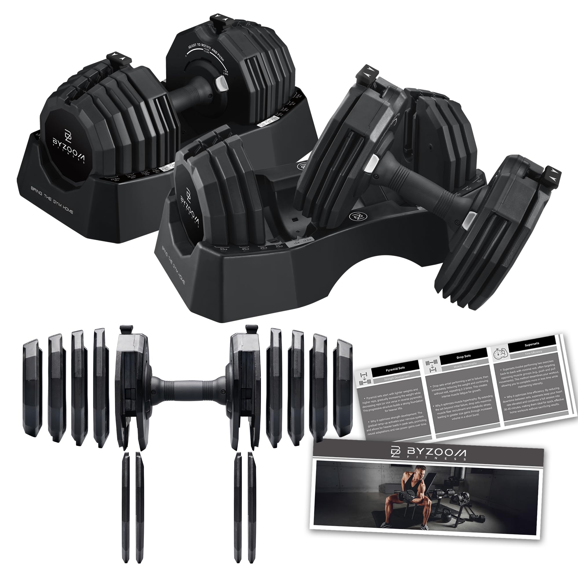 BYZOOM FITNESS Classic Series 50 55LB Adjustable Dumbbell Pair Set of 2 5-in-1 OR 15-in-1 Patented Secure System