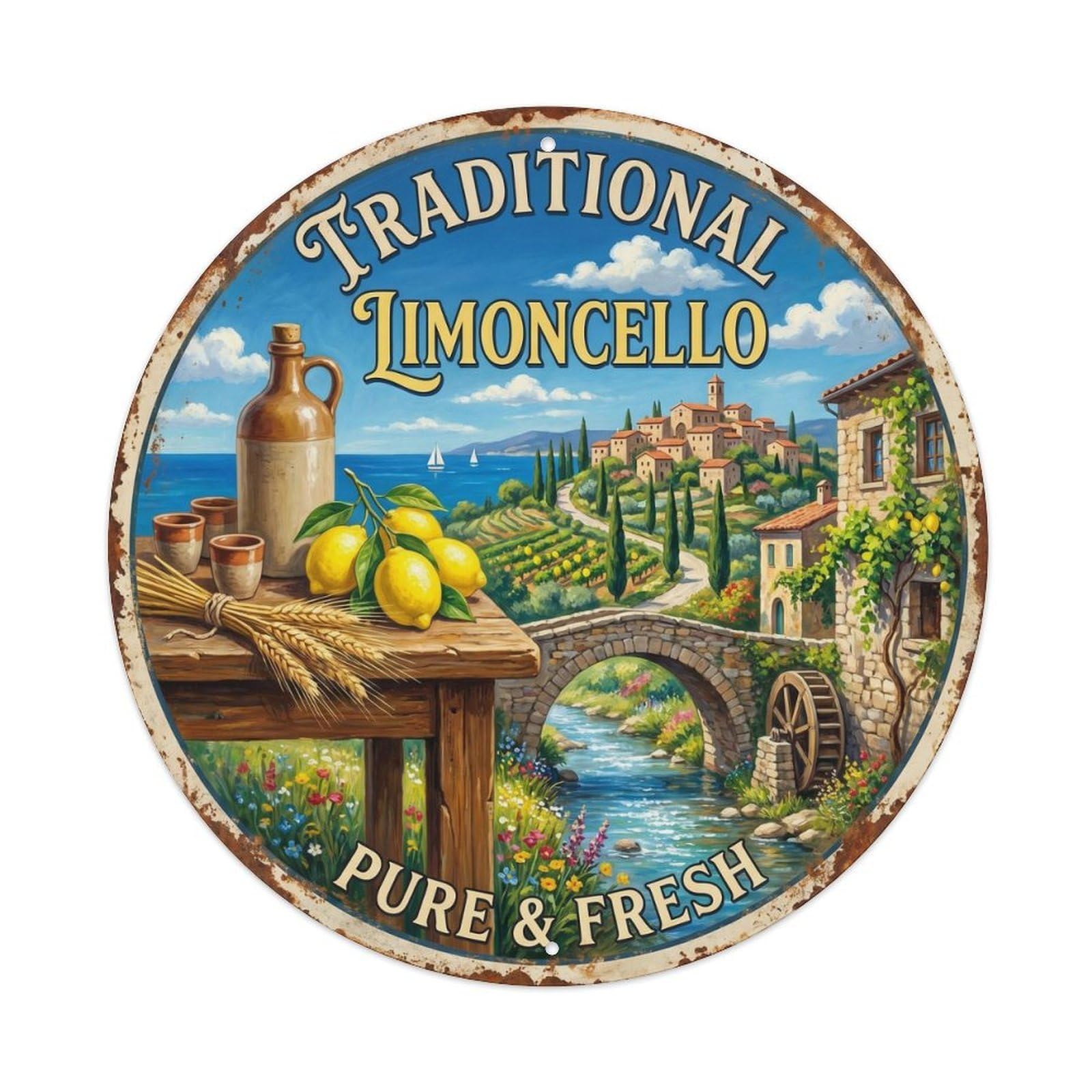 Fqcyn Style Traditional Coastal Limoncello Metal Tin Sign Plaque Wall Decor For Cafe, Club Bar, Office, Home Garden Round Metal Poster 8X8inch