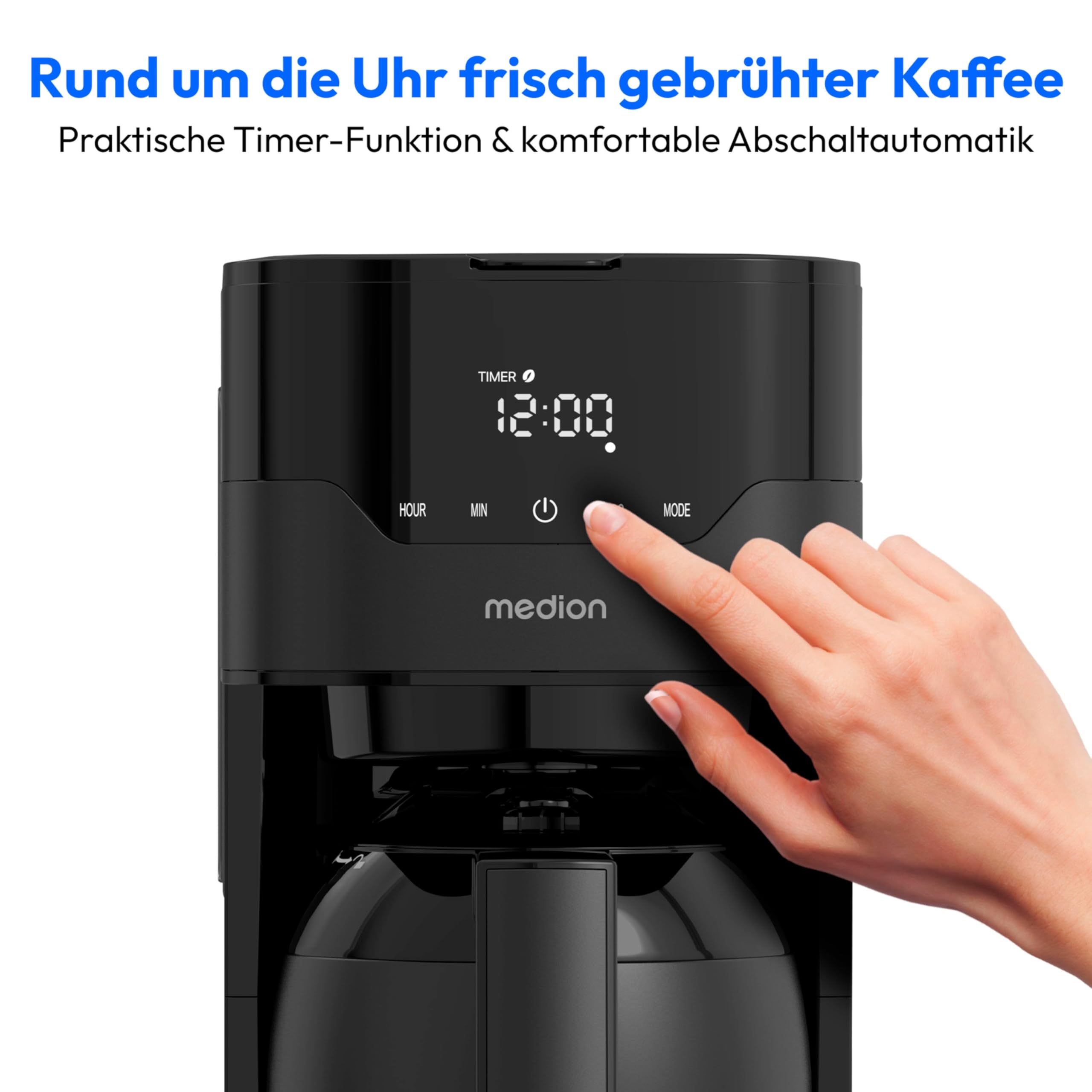 MEDION Kaffeemaschine mit Thermoskanne und Timer (Filtermaschine, 8 Tassen, 1,2 Liter, 900 Watt, 3 Stufen, Warmhaltefunktion, Timer Zeitschaltuhr, Antitropf, Display, MD18458) matt schwarz