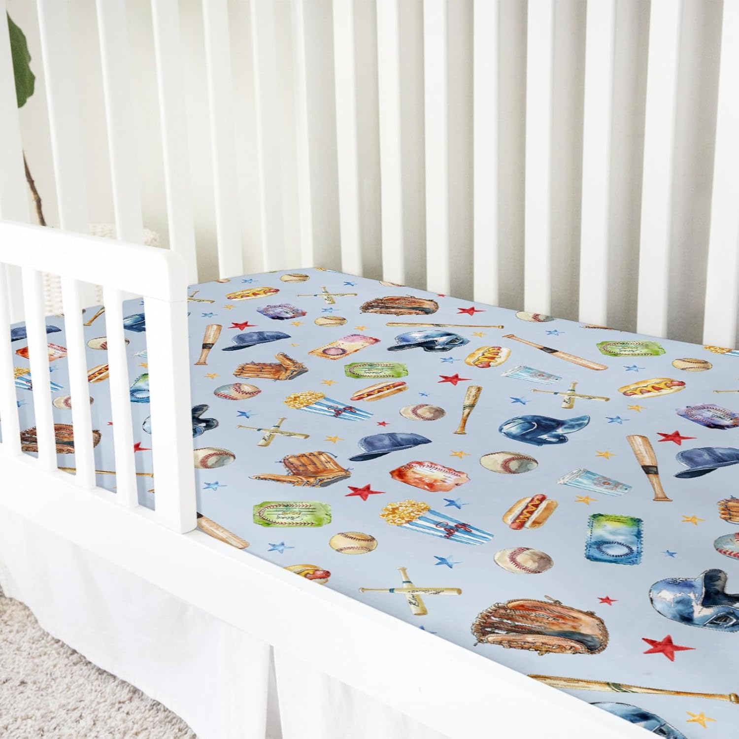 Watercolor Baseball Baby Crib Sheets 52''x28'' Patriotic American Sports Stretchy Fitted Mattress Cover for Boy Girl Outdoor Sports Lovers Soft Baby Sheets for Standard Crib and Toddler Mattress