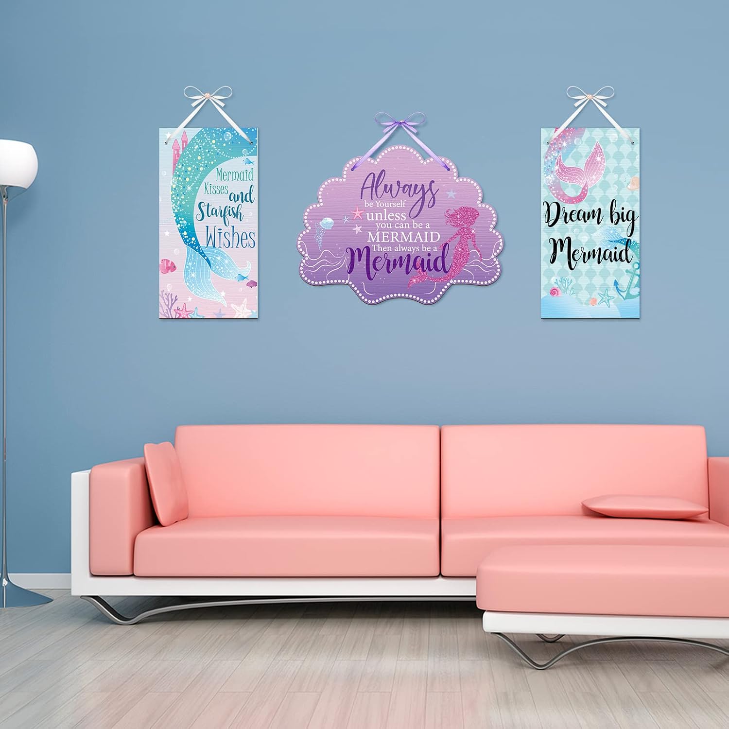 Queekay 3 Pcs Mermaid Room Decor Mermaid Wall Decor for Bathroom Bedroom Sea Life Wall Art Wooden Signs with Shell Welcome Door Hanger Summer Ocean Theme Seaside Decorations for Home