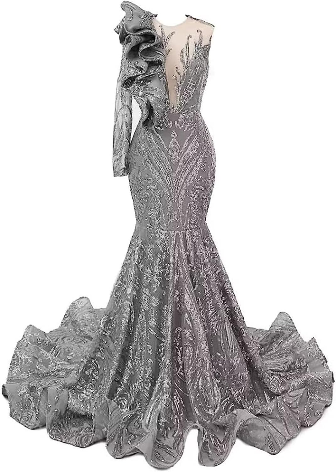 Women's V-Neck Shiny Sequined Mermaid One Shoulder Long Train Shower Party Evening Dress Pageant Celebrity Gown