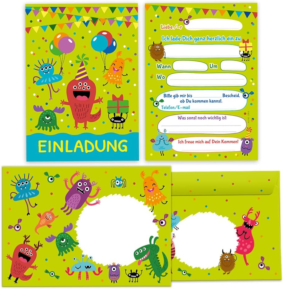 12 Invitation Cards for Children's Birthday Party Boys Girls Monster Including 12 Envelopes 12 Bags Natural 12 Stickers - Image 3