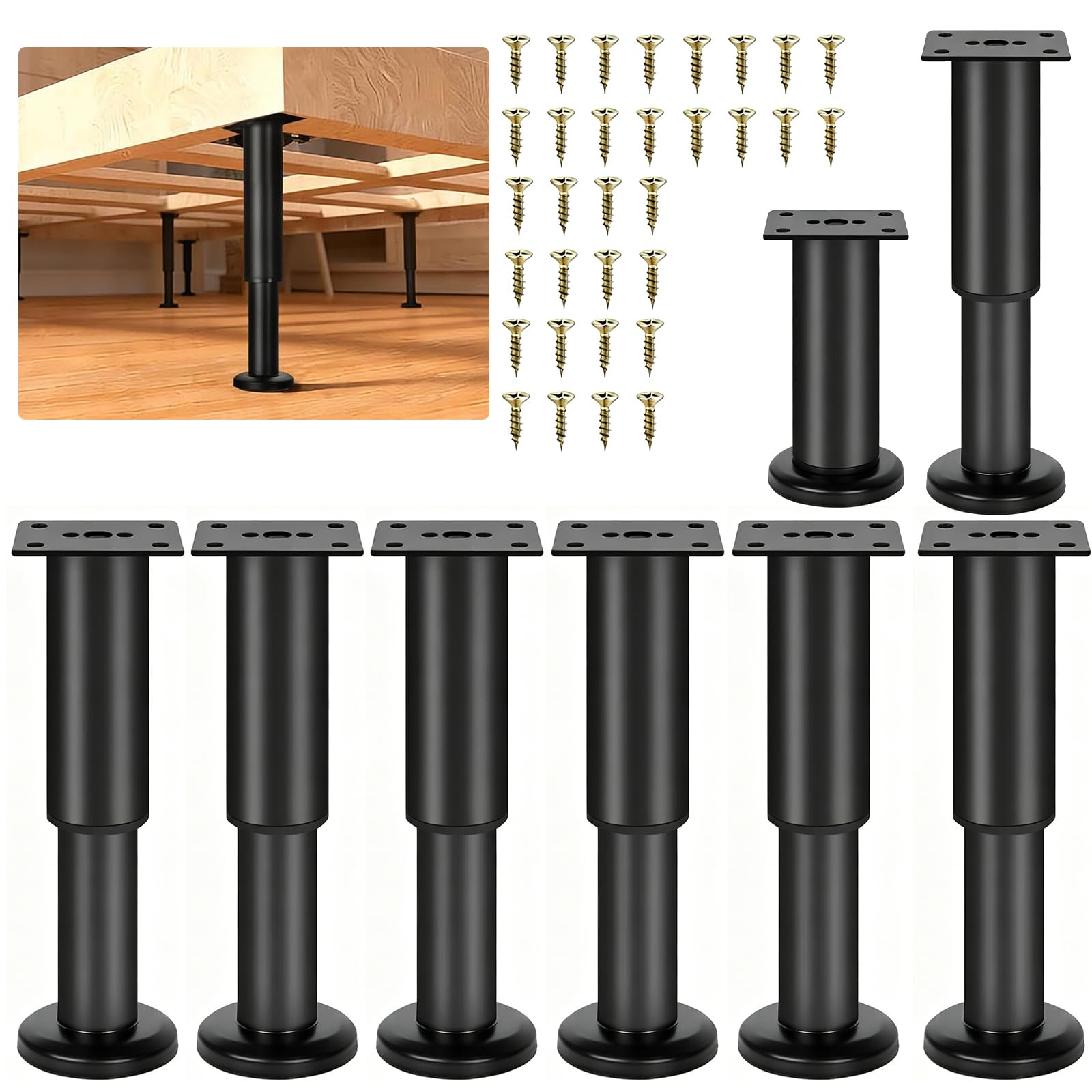 8 Pcs Adjustable Furniture Legs, 7-12 Inch (18-30cm) Heavy Duty Bed Frame Support Legs, 300KG Load Cold Rolled Steel Replacement Feet with Mounting Screws for Sofa, Table, Cabinet, Bathroom, Kitchen