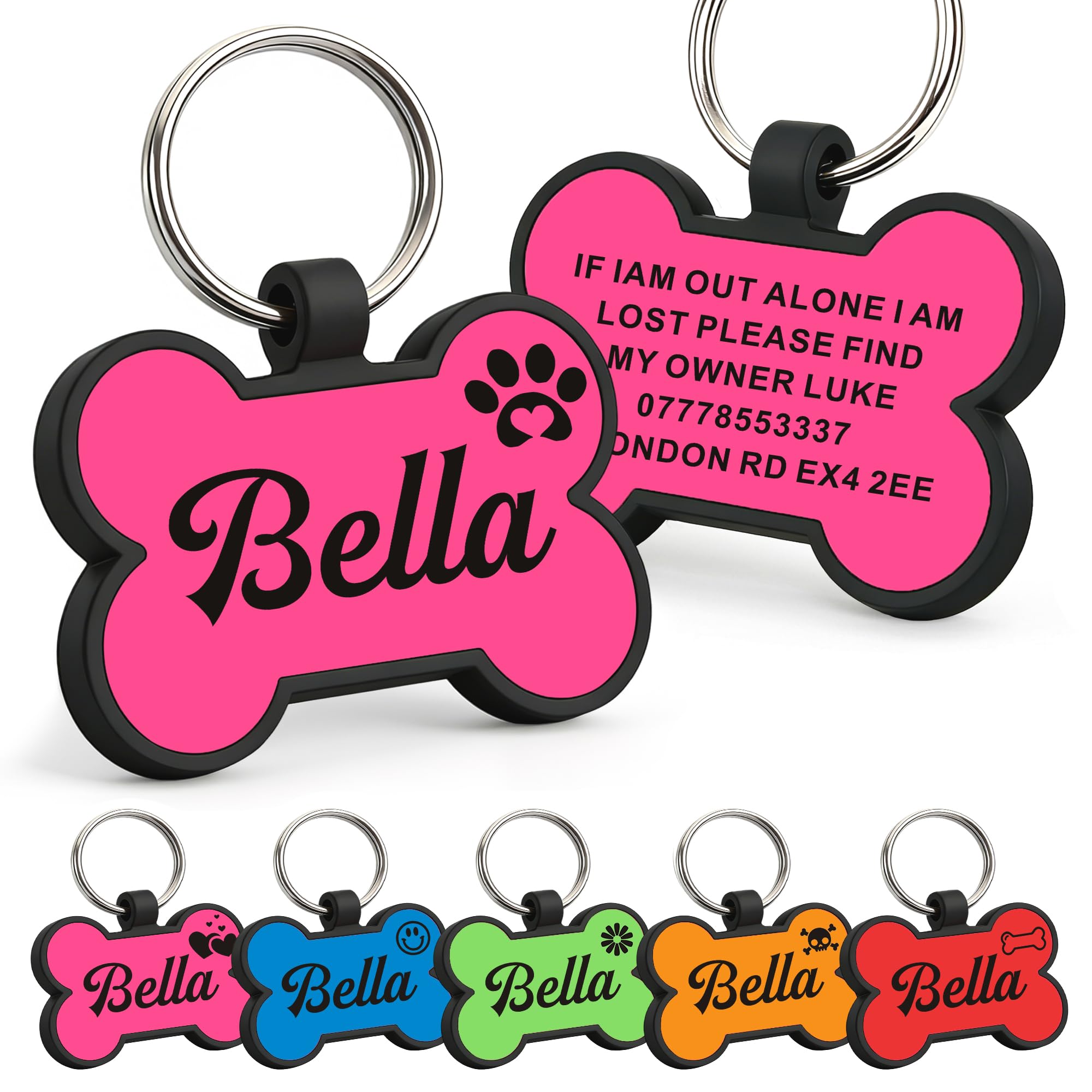 Dog Tags for Pets Engraved UK Personalised Dog Tag Dog Name Tag ID Tags Custom Dog Tags for Dogs Cats Puppy Kitty Silicone Personalised Dog Tag 2 Shapes & 5 Colours(Pink Bone) — image 1