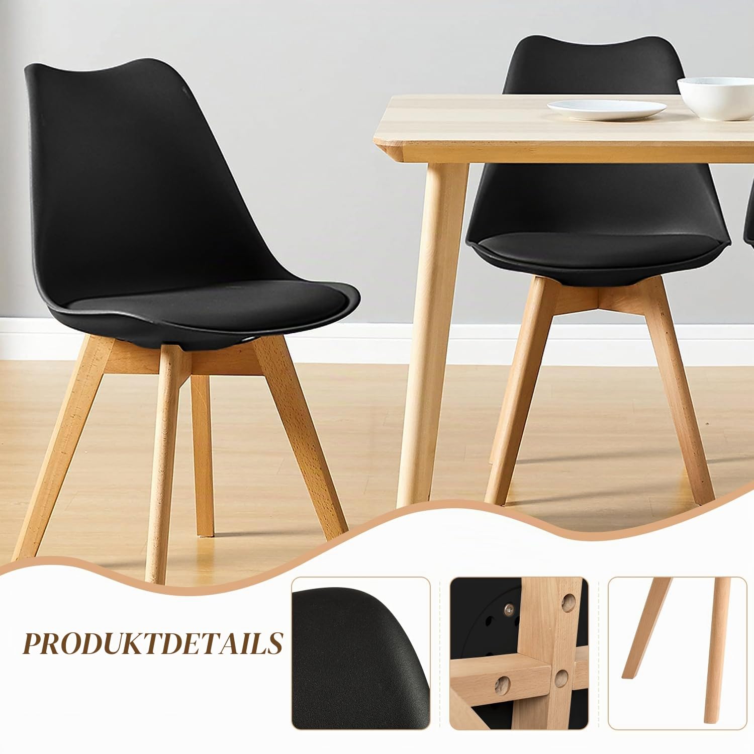 CangLong 4er Set Esszimmerstühle mit Beinen aus massivem Buchenholz, Mid Century Modern Retro Design Polsterstühle für Küche, Esszimmer & Wohnzimmer, Schwarz