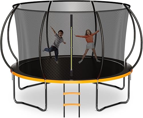 Zevemomo Trampolín para exteriores para niños y adultos, trampolín de 12 pies, 14 pies, 15 pies, 16 pies, con postes curvos, recinto reforzado,