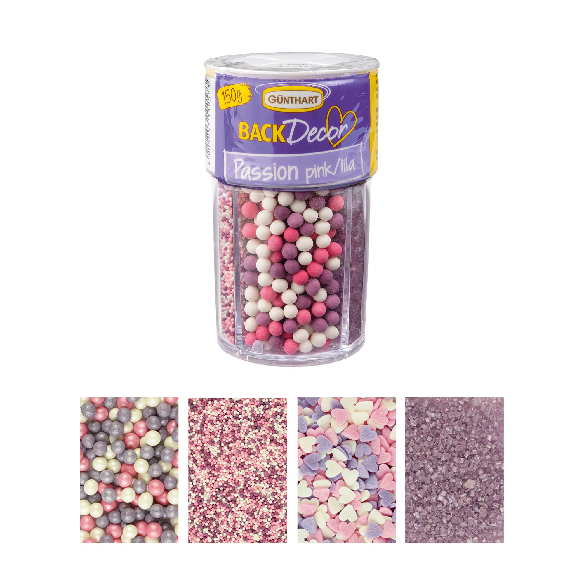 Günthart BackDecor 8 Streudekor Passion | sortiert 150 g/Stück | aus Zucker | Motive: Herzen, Perlen, Glitzer-Zucker | geeignet zur Dekoration von Süßspeisen
