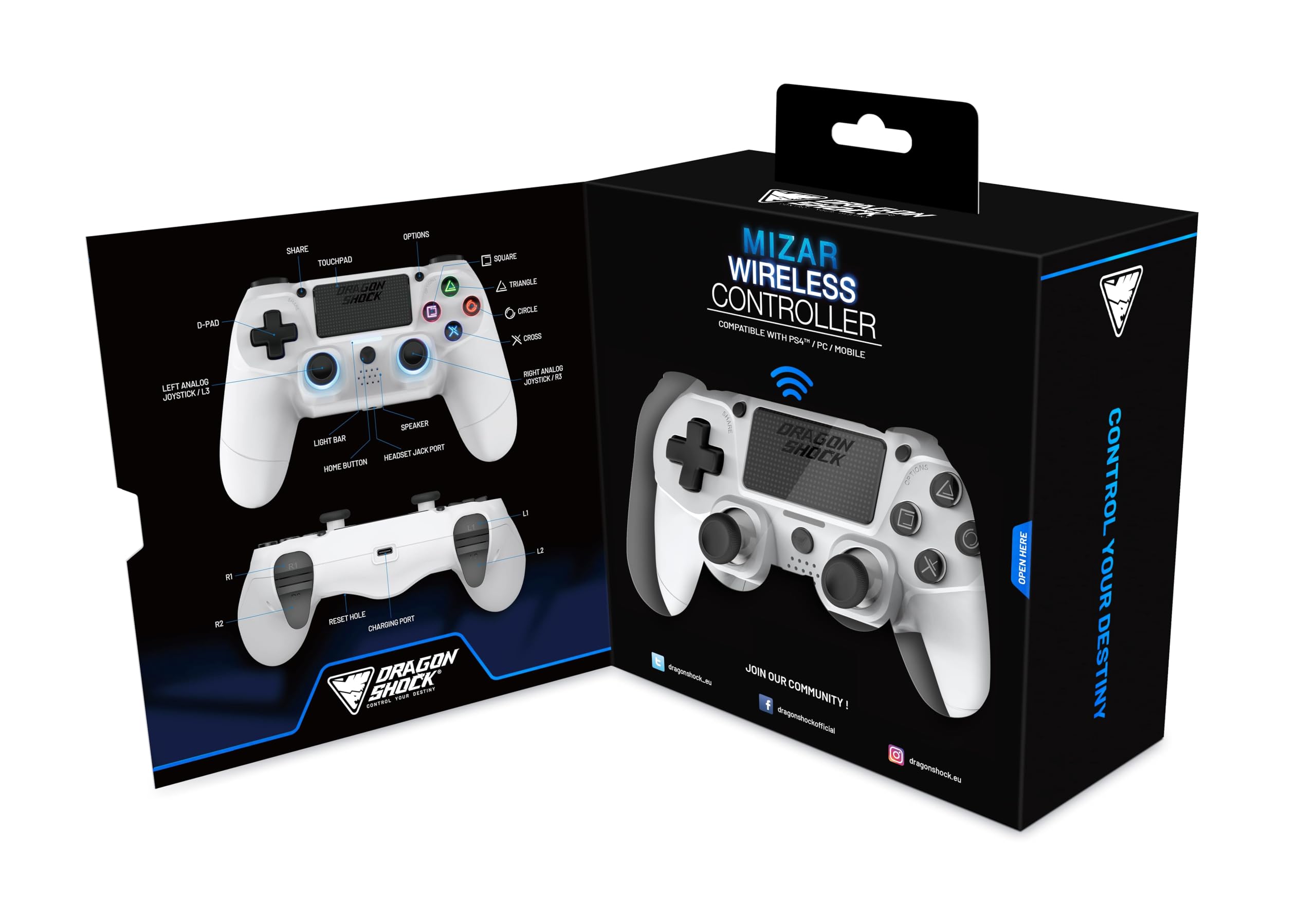 DragonShock Mizar Manette Sans Fil pour PS4 – Contrôleur Bluetooth Compatible PC & PS3 – Double Vibration, Batterie Rechargeable – Blanc