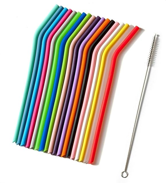 18 Pack - Bent Silicone Reusable Drinking Straws + 2 Brush Cleaners - Flexible Easy to Use Drinking Party Straws - Easy to Clean, BPA Free, No Rubber Taste by AVOS-DEALS-GLOBAL (18 Bent Straws)