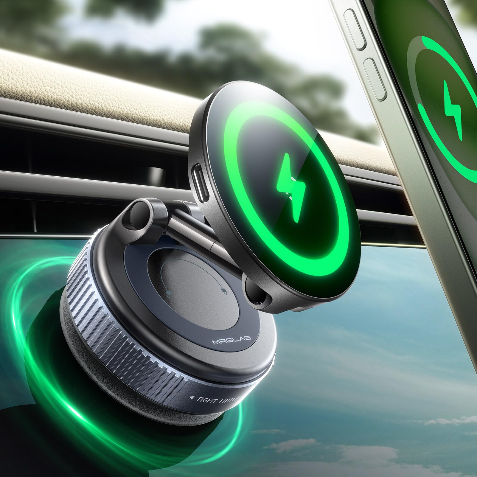 Photo 1 of MRGLAS 2026 Upgraded for iPhone MagSafe Car Mount Charger,15W Fast Charging Wireless Car Charger with Stronger Magnetic & Suction, Hands-Free Phone Holder for iPhone 17/16/15/14/13/12 Pro Max