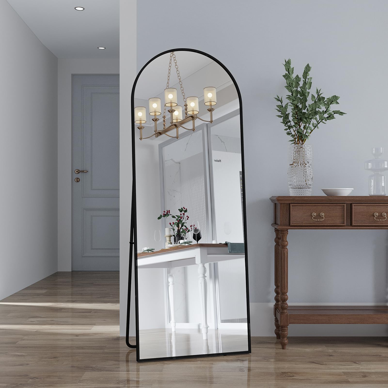 Miroir sur Pied 162x53 cm Grand Miroir Arqué Aluminium Noir Cadre Pleine Longueur