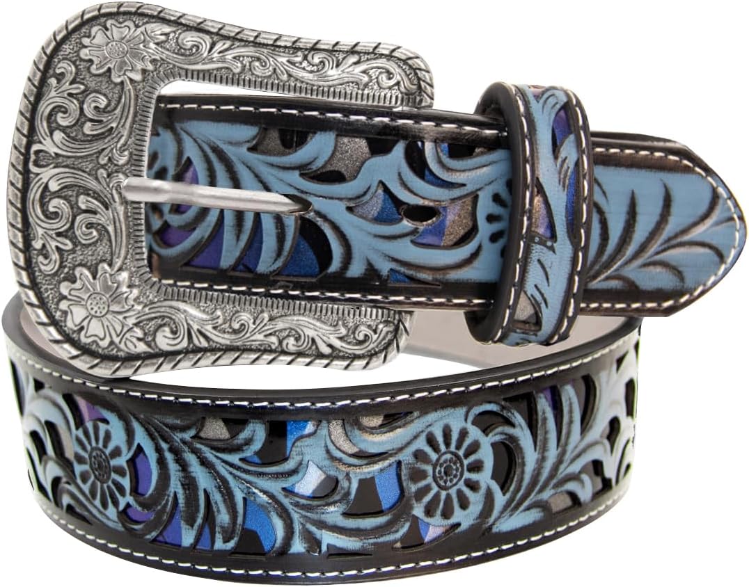 TOPACCWestern Belts for Women Men Cowboy Belt Black Blue Cowgirl Bohemian Floral Engraved Tooled Belt for Jeans Pants Country Outfit, A-belt-05, Fit waist: 38-40 in