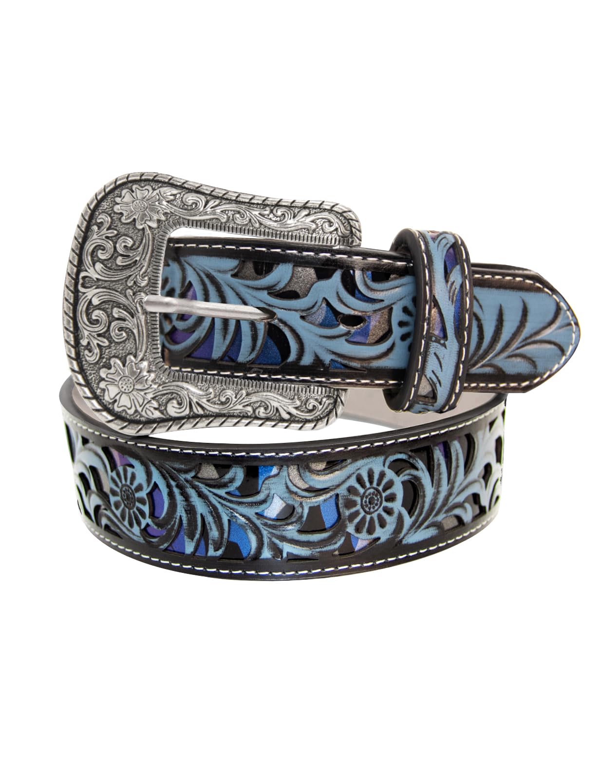 TOPACCWestern Belts for Women Men Cowboy Belt Black Blue Cowgirl Bohemian Floral Engraved Tooled Belt for Jeans Pants Country Outfit, A-belt-05, Fit waist: 38-40 in