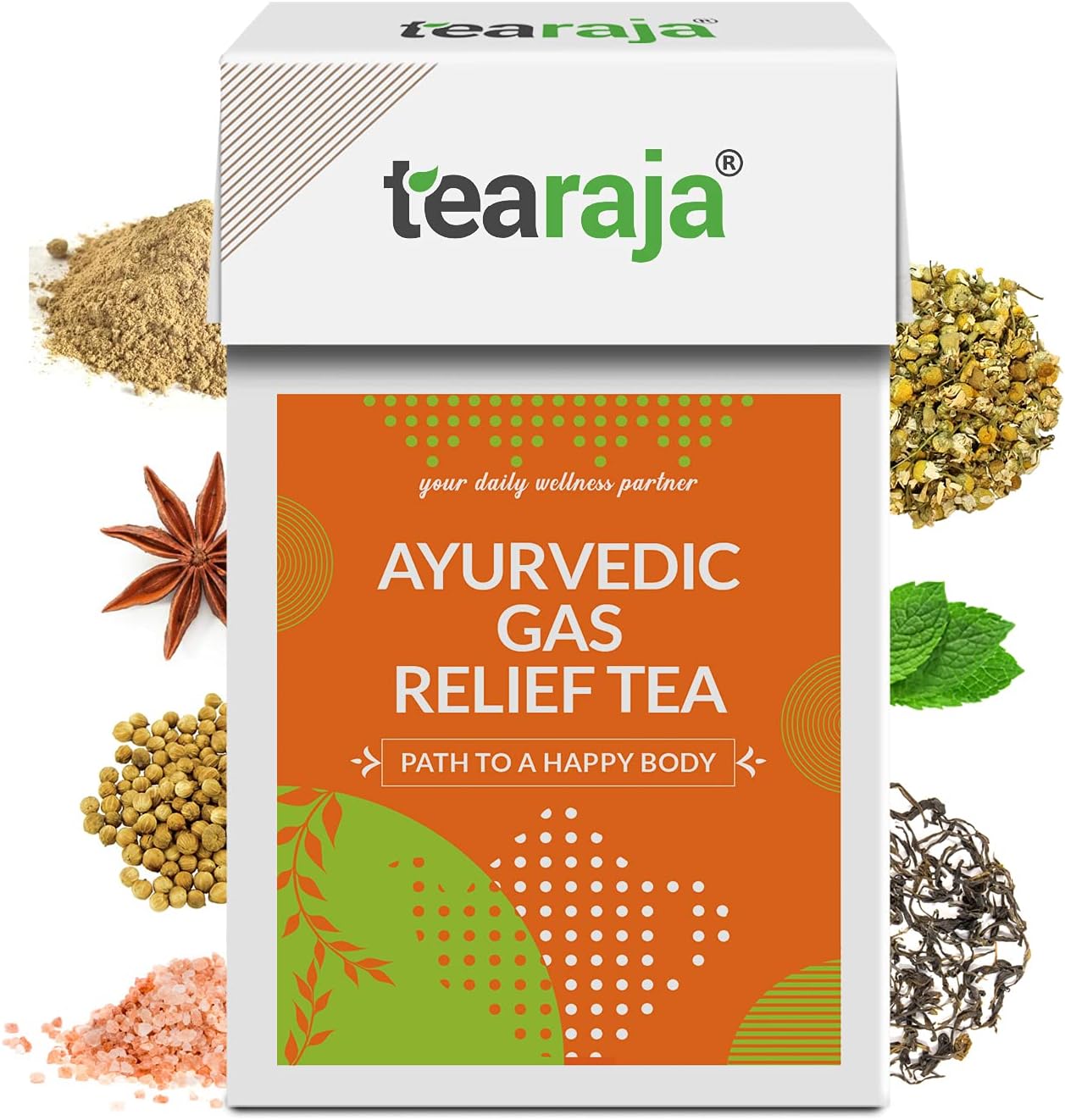 TeaRaja Ayurvedic Gas Relief, Weight Loss Herbal Tea with Green Tea Peppermint, Chamomile, Triphala and Coriander and Carom Seeds (100 g, 55 Cups)