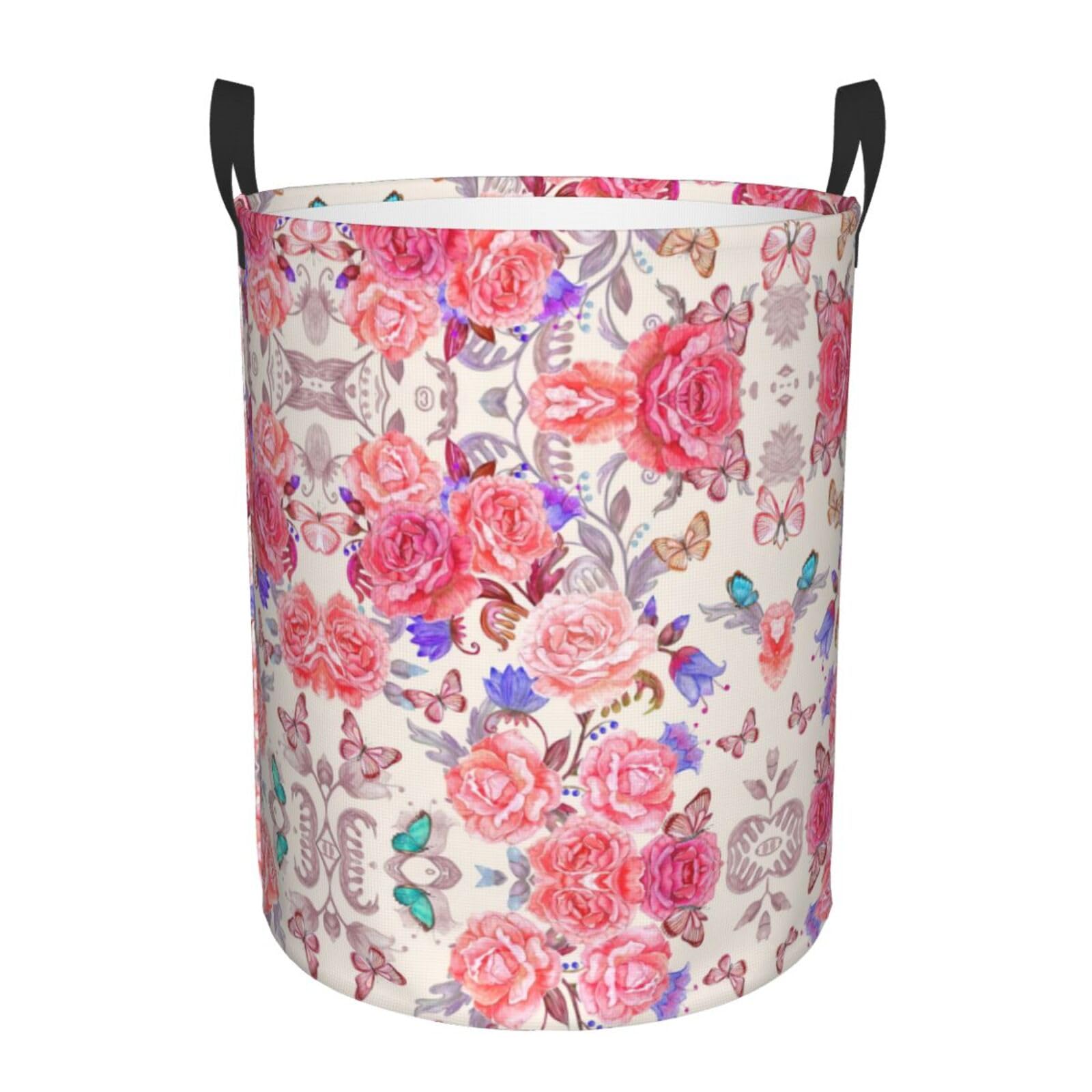 M Collapsible Round Flower Rose Butterfly Print Laundry Hamper
