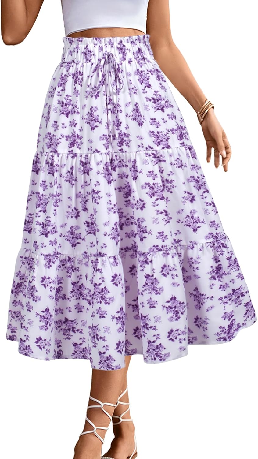 MSLG Women's High Elastic Waist Midi Skirt Casual Summer Trendy Tie Front Flowy Ruffle Floral Print A line Skirts 626