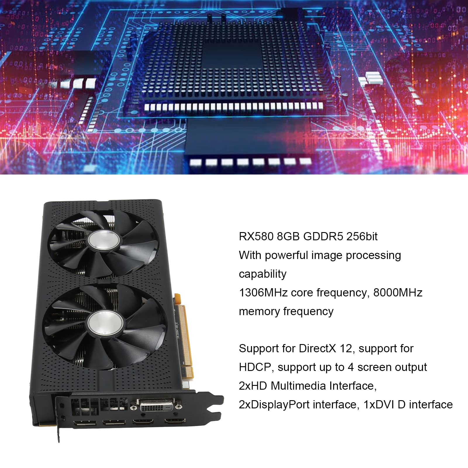 Cuifati Scheda Grafica Radeon RX580 Scheda Grafica da Gioco GDDR5 da 8 GB Scheda Grafica Plug And Play PCI Express 3.0 X16 HDML DP DVI, per Giochi per PC