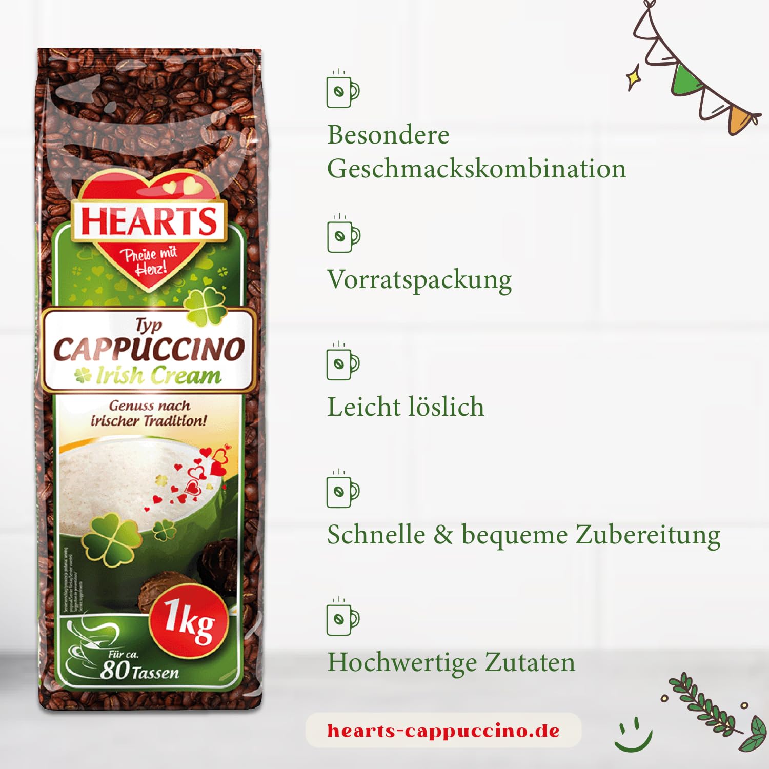 HEARTS Cappuccino Irish Cream 10 x 1 kg – Disfruta según la tradición irlandesa – Paquete de almacenamiento, fácilmente soluble, café instantáneo – suficiente para 800 tazas
