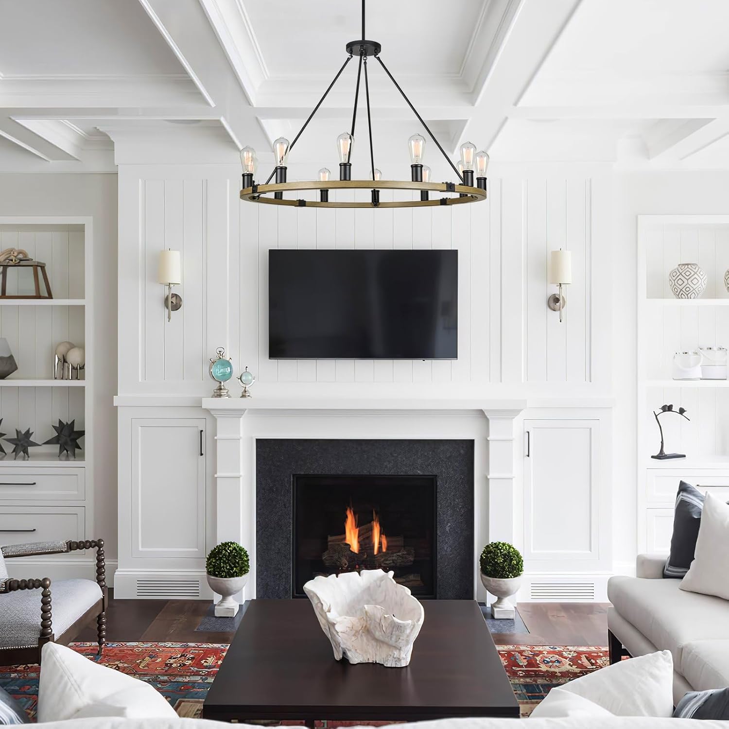 Kira Home Homestead 42" 12-Light Large Rustic Farmhouse Wagon Wheel Chandelier, Round Kitchen Island Light, Smoked Birch Finish