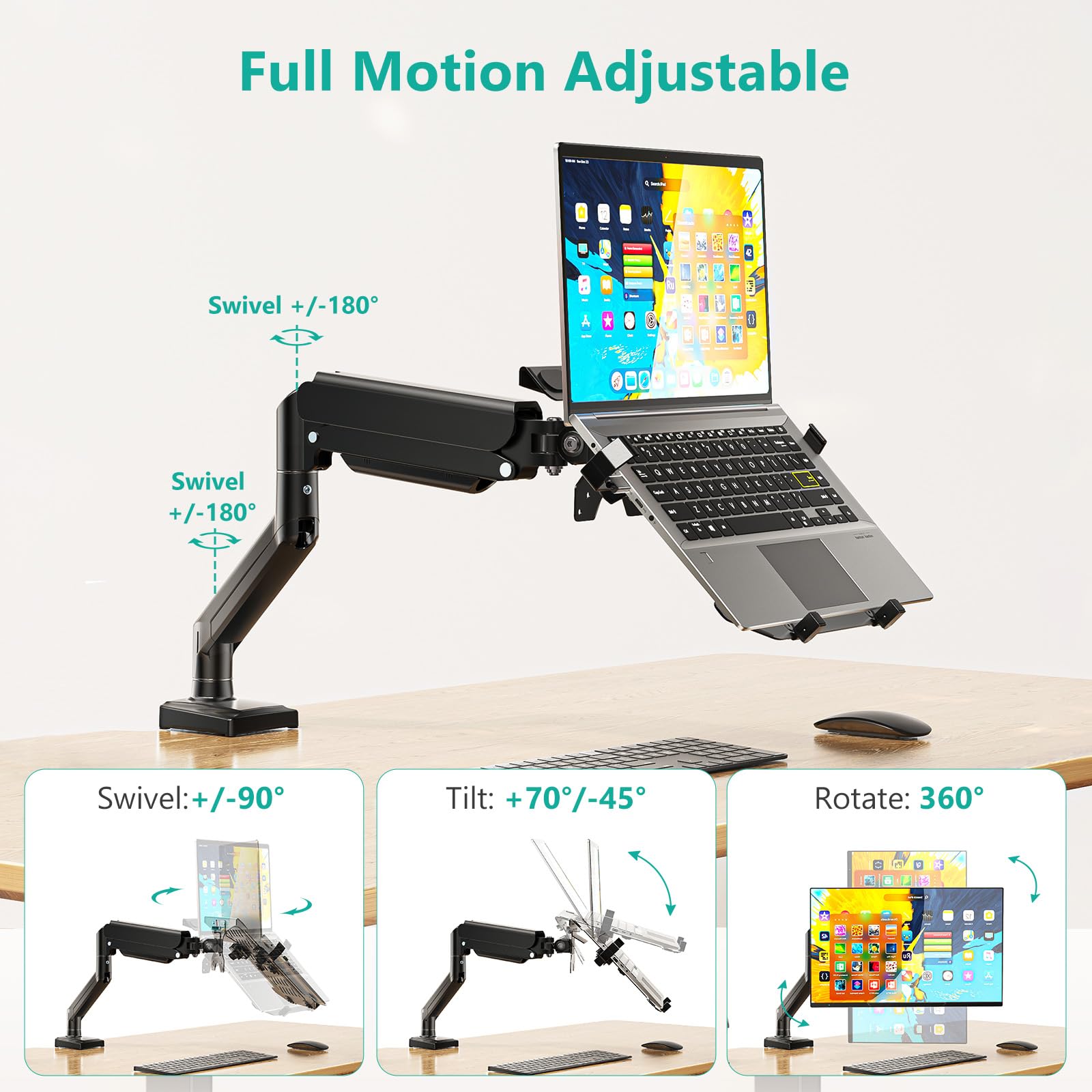 WALI Supporto da scrivania per computer portatile, supporto per monitor 2 in 1 con vassoio regolabile per laptop, adatto per notebook da 17" e schermo da 34", supporta max 10-12 kg, supporto per