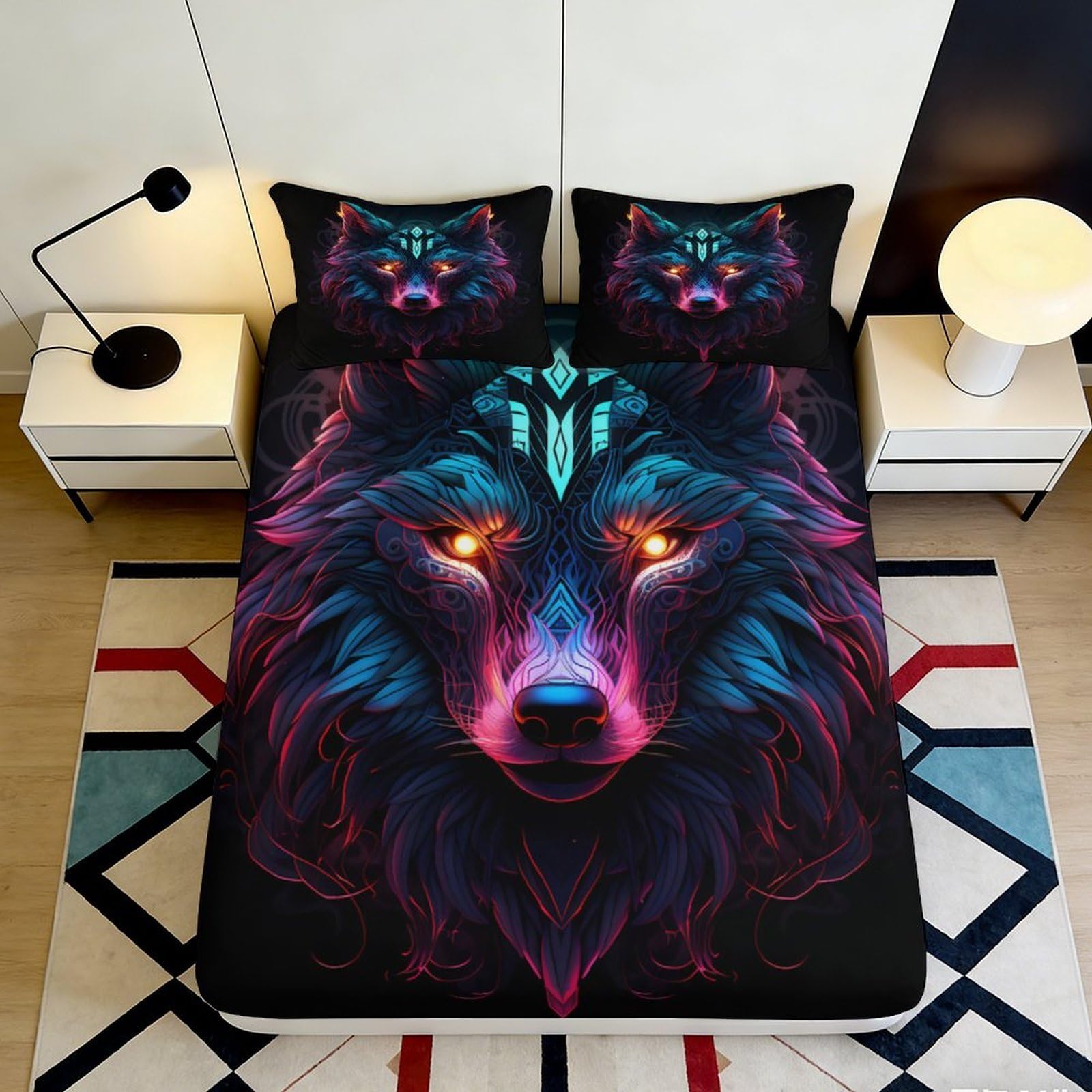 3D Printed Neon Wolf Fitted Sheet Microfiber Vibrant Art Mattress Cover Bedroom Decor Anti-Slip Washable for Home Dorm 90x200x25cm