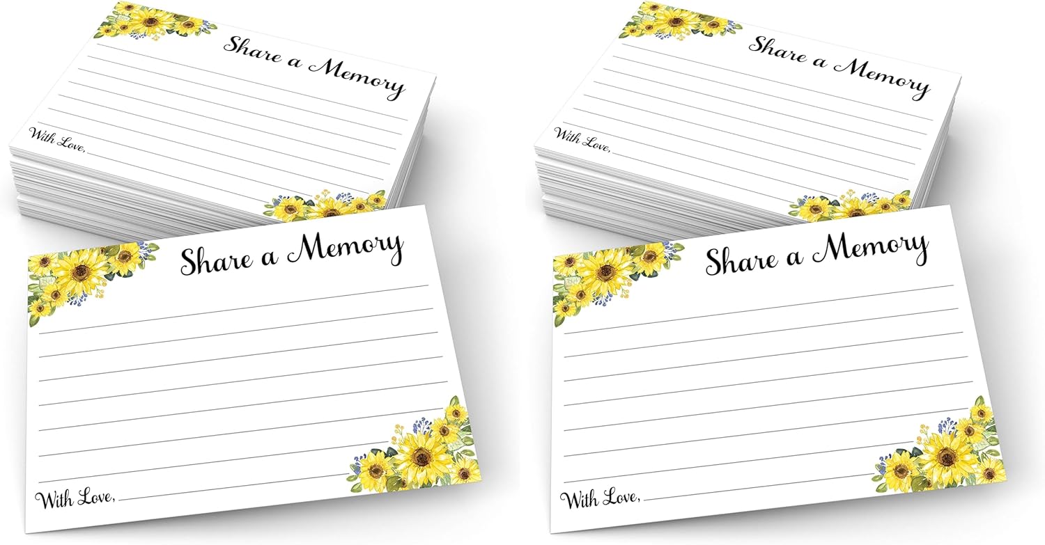 321Done Share a Memory Card (50 Cards) Sunflower Large, 4" x 6" for Celebration of Life Birthday Anniversary Memorial Funeral Graduation Bridal Shower Game - Made in USA - White (Pack of 2)