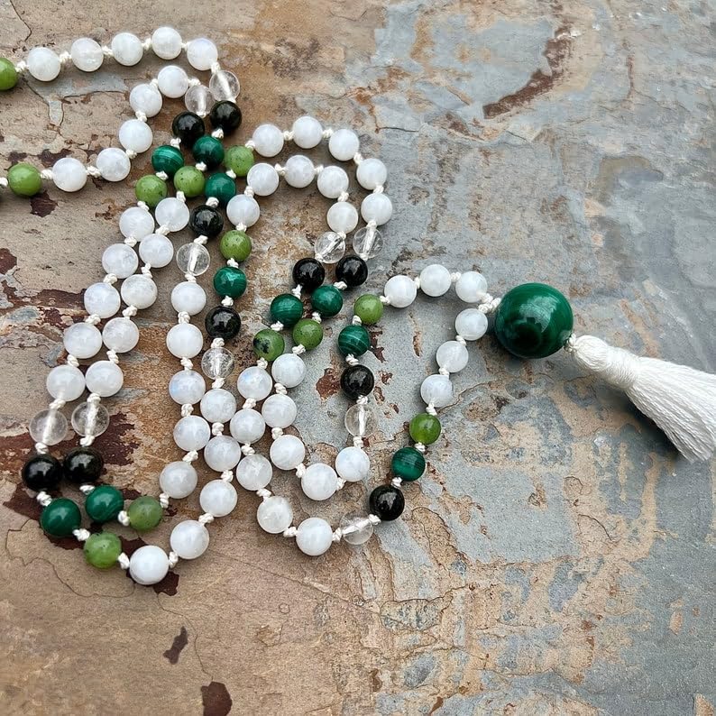 Natural rainbow moonstone, green tourmaline, malachite 6mm-10mm 108 Mala Beads, Spiritual, Meditation Beads, Reiki, Japa Mala, Buddhist Prayer Beads, Yoga Bracelet, healing beads
