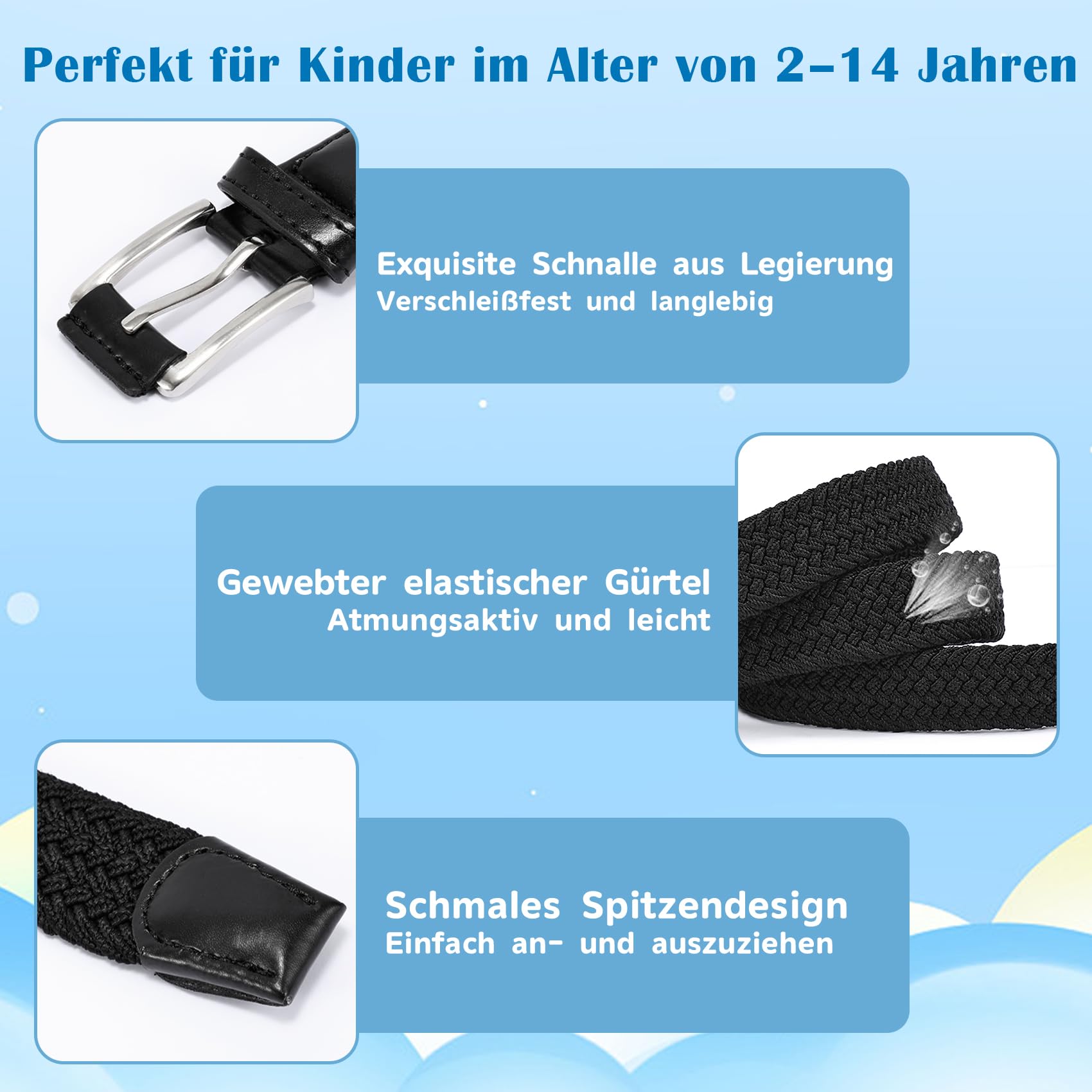 WHIPPY Kinder Gürtel Elastik Unisex Geflochtener elastischer Stretch Gürtel gewebter gürtel für Jungen und Mädchen Endspitze aus Leder mit Dornschließe, 3 cm breite