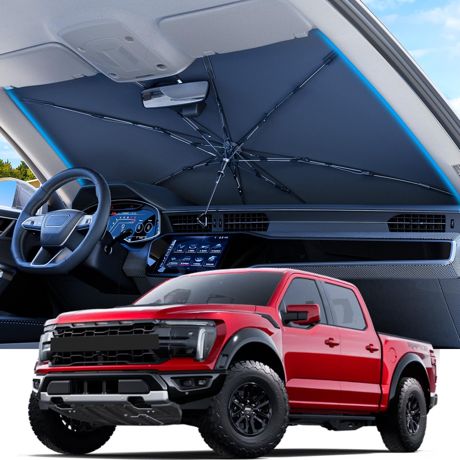 REEVAA 2025 Upgraded Truck Windshield Sun Shade Umbrella [100% Sun Protection & Keep Cool] Protect Interior, 360° Flex Handle Sun Shield Sunshade, Large (61''x35'') for Truck/Full-Size SUV Car