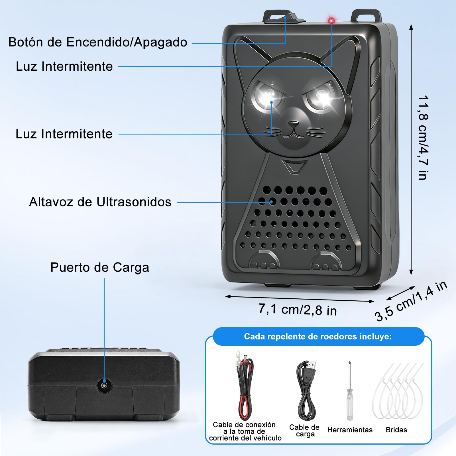 Ultrasónico Ahuyentador de Ratas para Coche con Flash, 3 Modos de Carga, Ahuyentador de Martas para Coche para Aticos, Hogar, Jardín y Automóviles