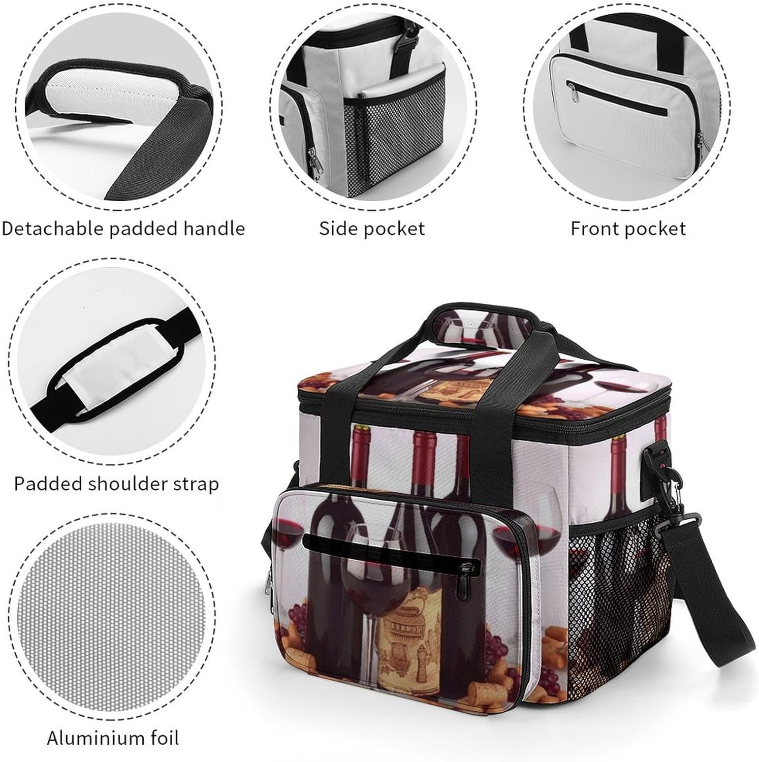 Large-Capacity Oxford Cloth Red Wine Printed Camping Ice Bag, Outdoor Portable Insulation and Cold Storage Bag, Enjoy A Cool Camping Time