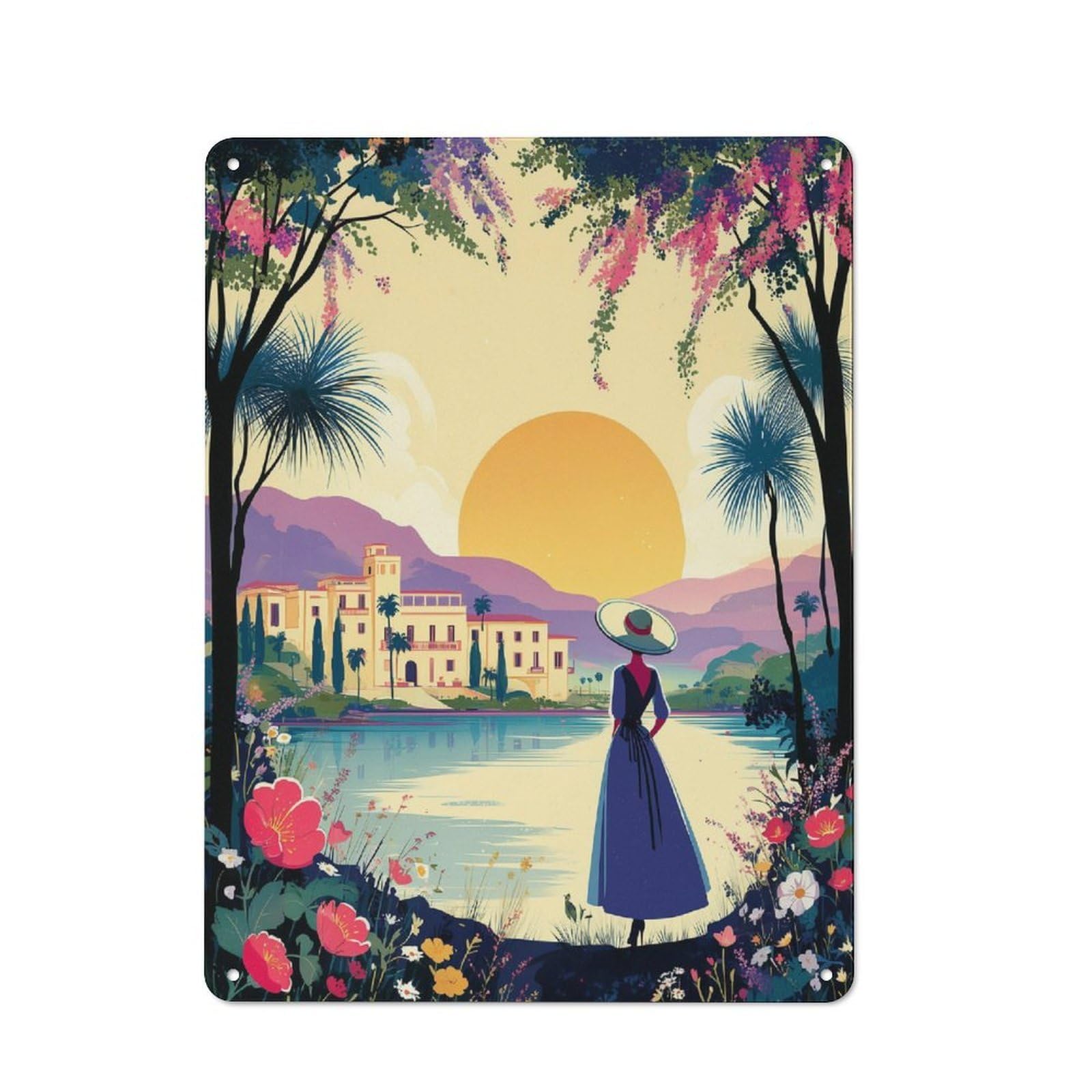 Metal Wall Plaque with Sunset Serenity A Woman's Journey Design 40x30cm, Retro Small Space Decor for Flat, Dorm Room, Lounge Or Cafe