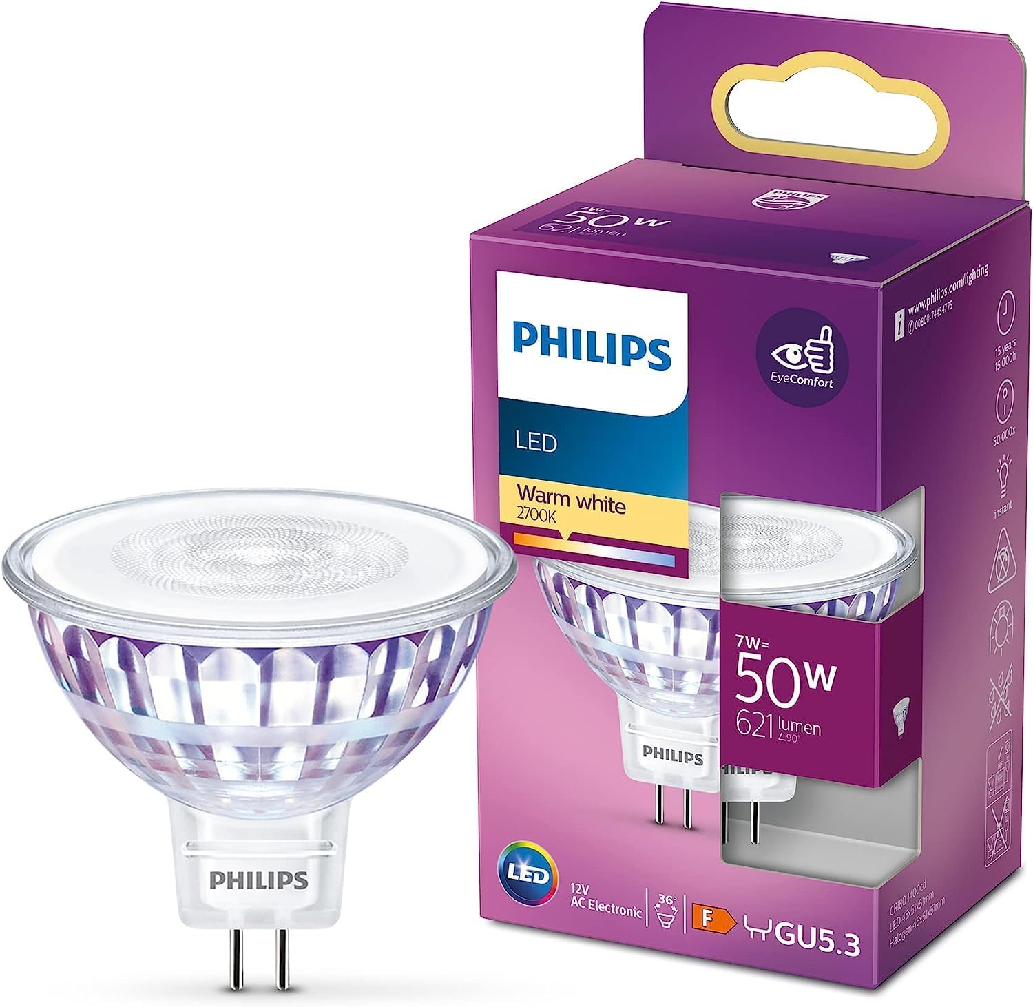 Philips LED Light Spot [GU5.3 MR16] 7W - 50W, Warm White 2700K, 36D, Non Dimmable, Silver a, (8LDIC50P)
