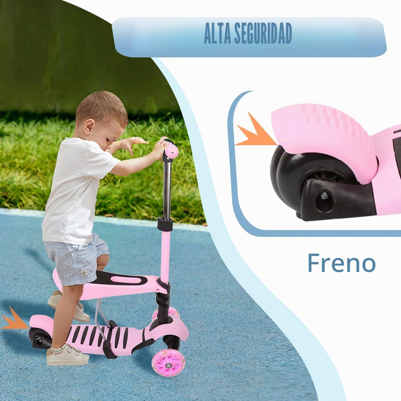 Patinete para niños Patinete 3 ruedas escalable 5 en 1 altura manillar ajustable bastón telescópico Sillín Respaldo extraíble para niñas y niños