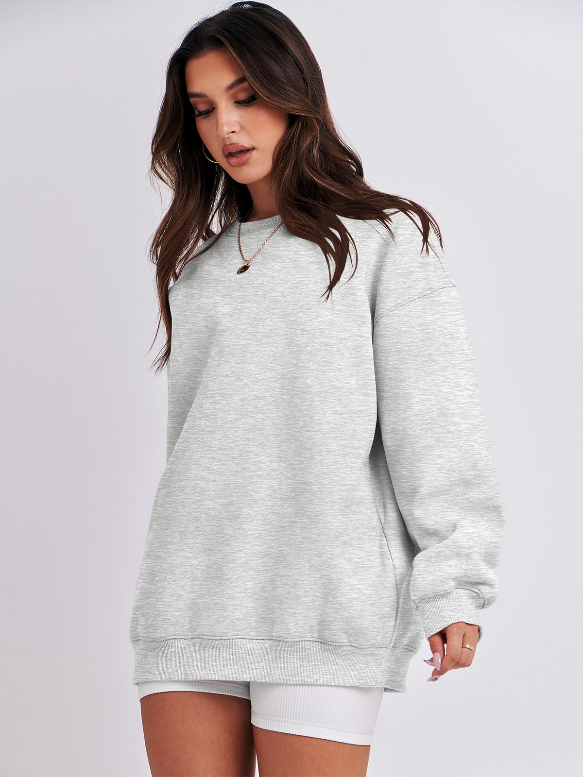 Damskie bluzy oversize bluzy z kapturem polar okrągły dekolt sweter top codzienne jesienne stroje preppy ubrania nastolatki 2024 A1019 światło, Jeden kolor, Light Gray_S