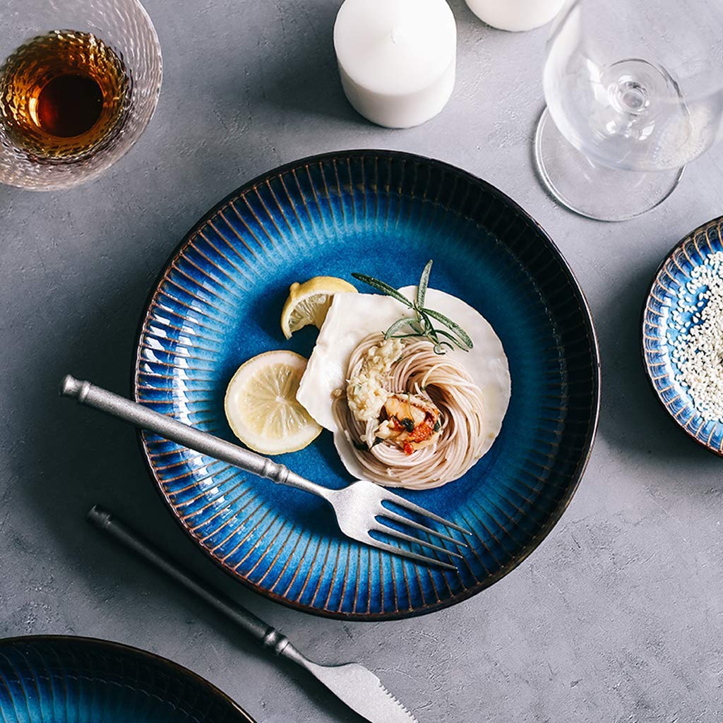 Vajillas, Platos de cerámica, 12 Piezas, Plato Hondo de Porcelana Gourmet Profesional, Color Azul Ojo de Gato, Plato Hondo para Pasta, Plato Hondo a Rayas para Restaurante.