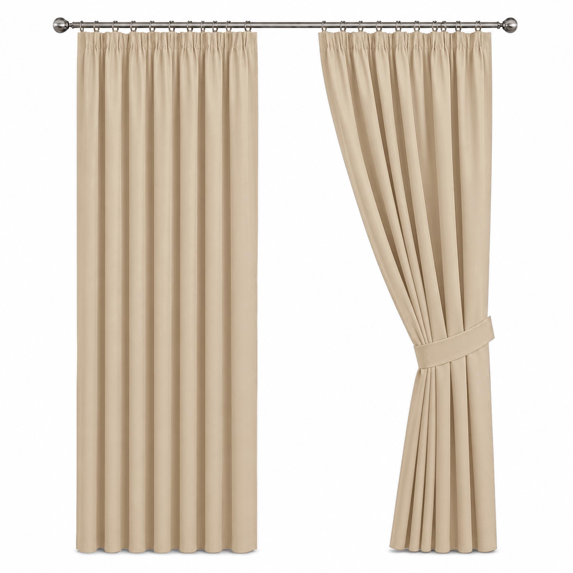 Oxford Homeware Blackout Pencil Pleat Curtains 66 X 72 Inch Beige Bedroom Curtains Super Soft Noise Reducing Pleated Curtains 2 Panels with Tiebacks โ image 1
