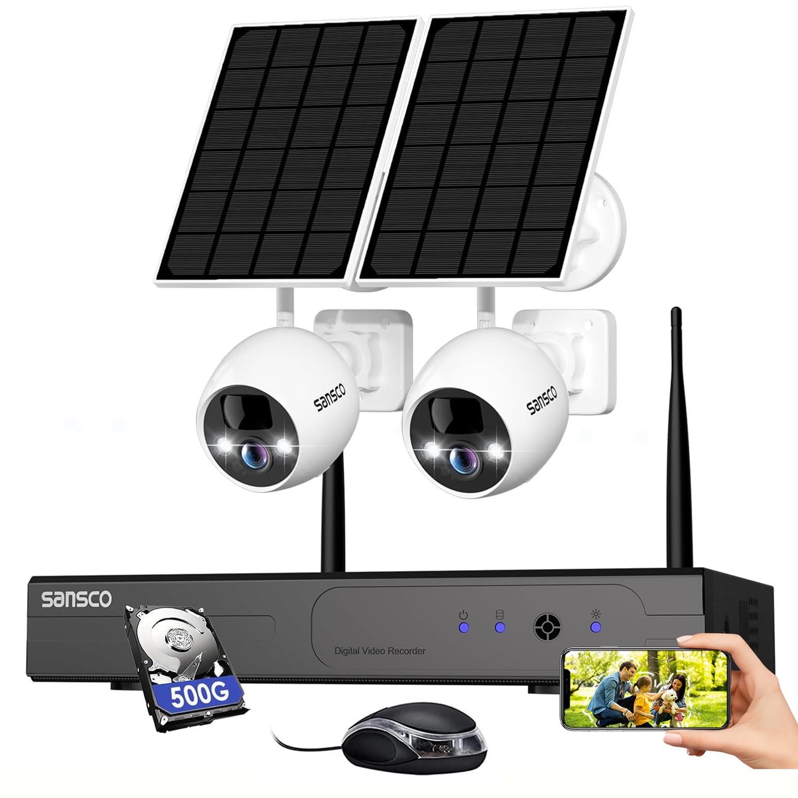 SANSCO 4MP Solar Wireless Security Cameras System, 10CH NVR Recorder, 500GB HDD for 360 Days Storage, 2X 4MP Battery Powered Home CCTV Outdoor Camera, No Monthly Fee, 2-Way Audio, Color Night Vision