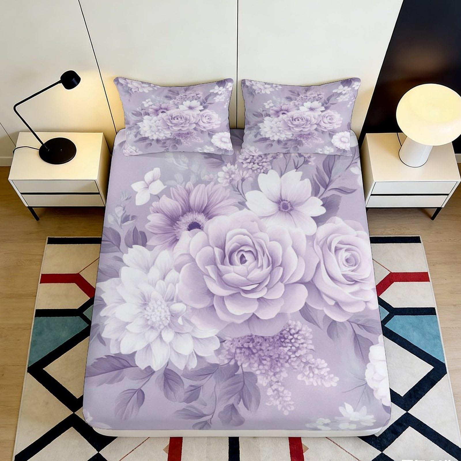 Pnayamiorkfel Style-4 3D Printed Lavender Floral Fitted Sheet Microfiber Soft Breathable Purple Blossom Mattress Cover For Bedroom Decor Dorm Protection 90X200x25cm