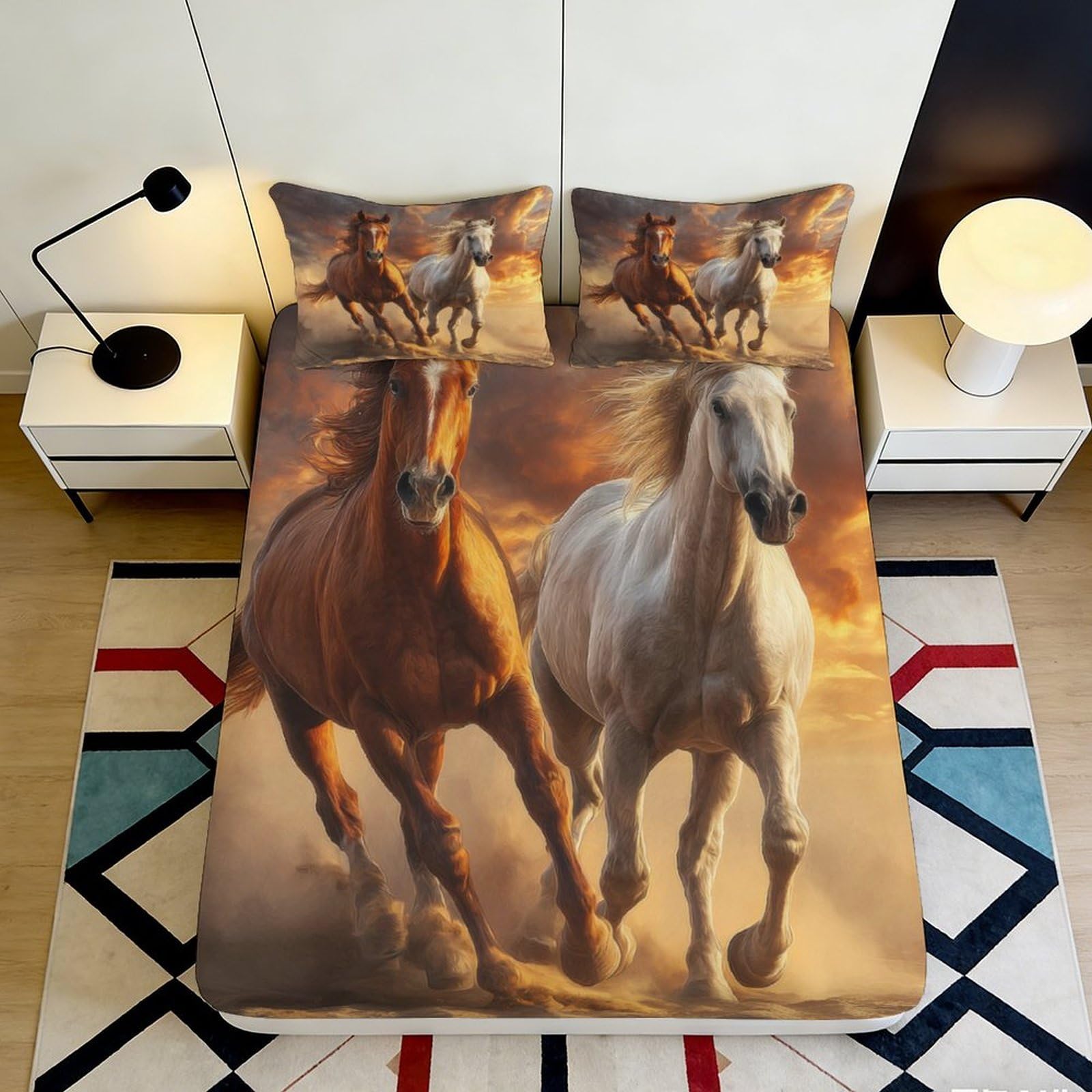 Pnayamiorkfel Style-9 3D Printed Running Horses Fitted Sheet Microfiber Soft Breathable Wild Horse Bed Cover For Bedroom Guest Room Decor 90X200x25cm