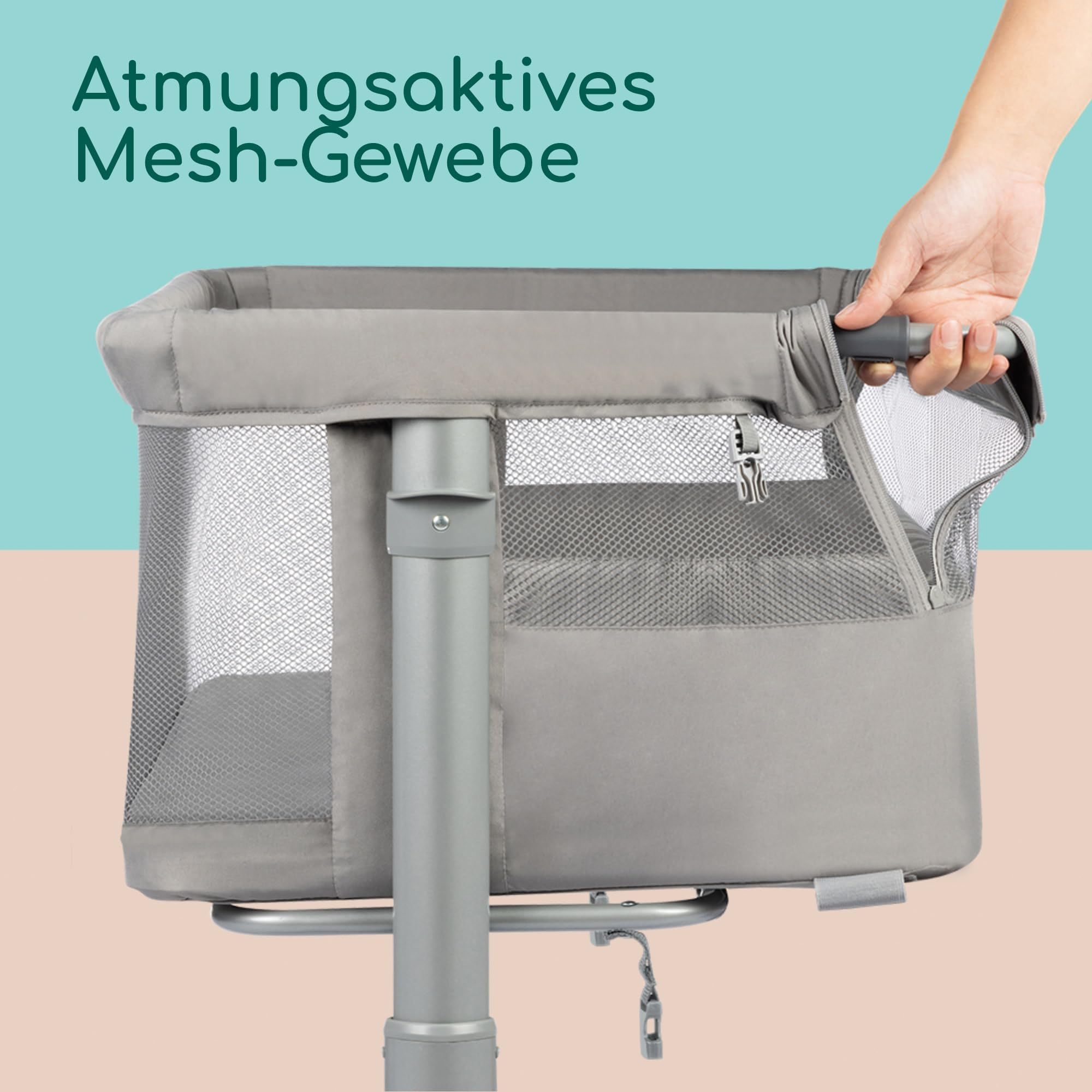 Bebeconfort Zina Co-Sleeper & Beistellbett Baby Von der Geburt bis zu 6 Monaten (0-9kg), Klappbares Beistellbett, 5 verstellbare Höhen, Verstellbare Matratze, Mineral Grey