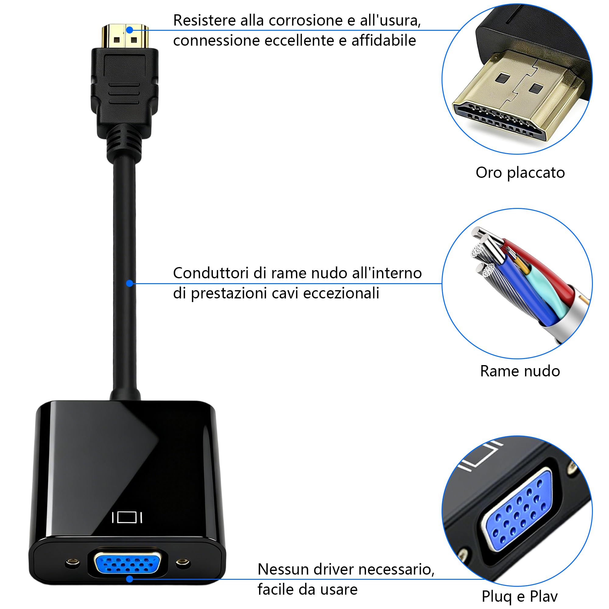 Adattatore HDMI a VGA, Convertitore Unidirezionale HDMI a VGA con Connettore Placcato in Oro, per Computer, Laptop, Proiettori, HDTV, Chromebook, Xbox