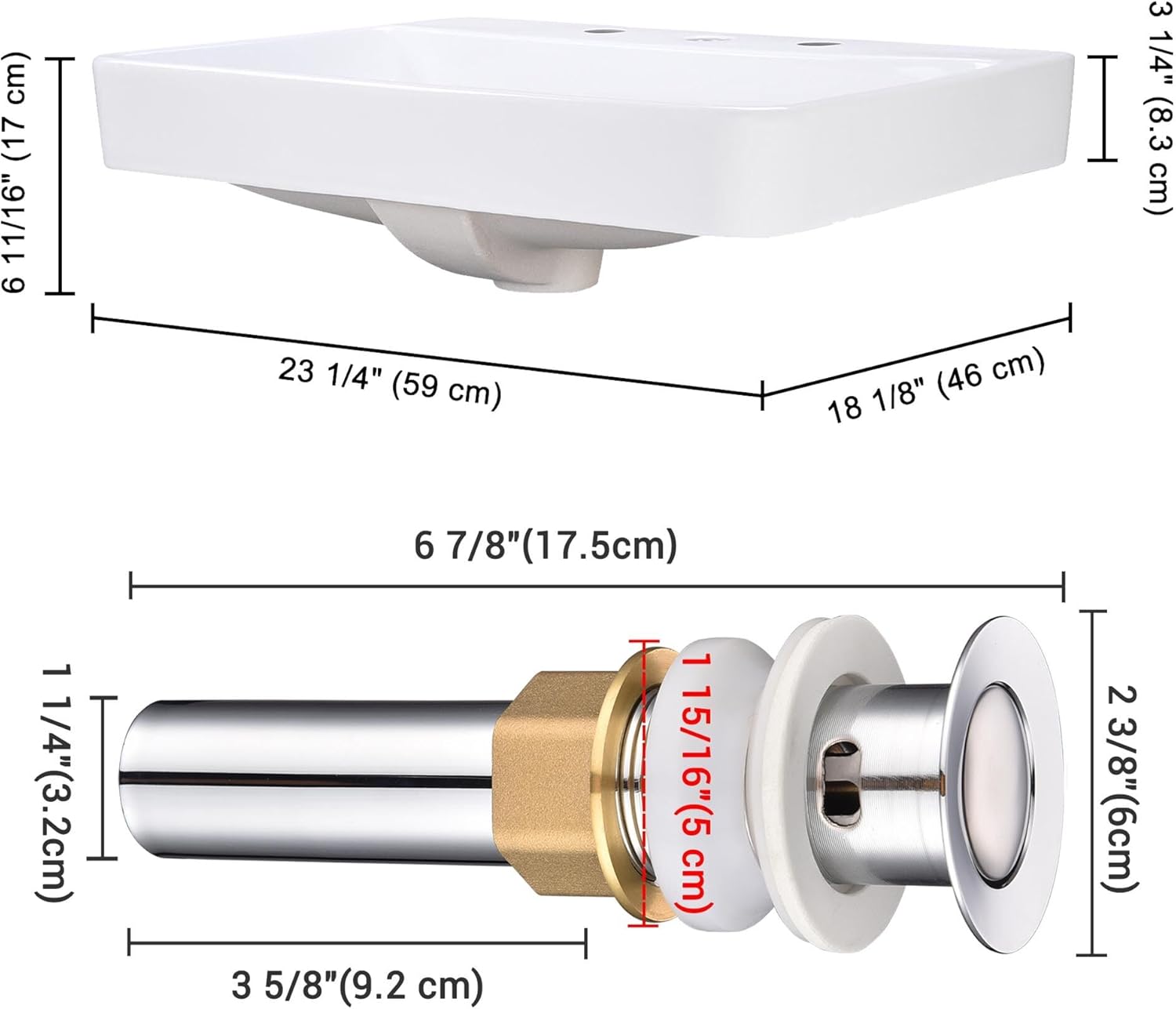 Aquaterior 2 Pack 23" x 18" Rectangle Vessel Sink Drop in Ceramic Basin with with Widespread Faucet Holes,Pop up Drain