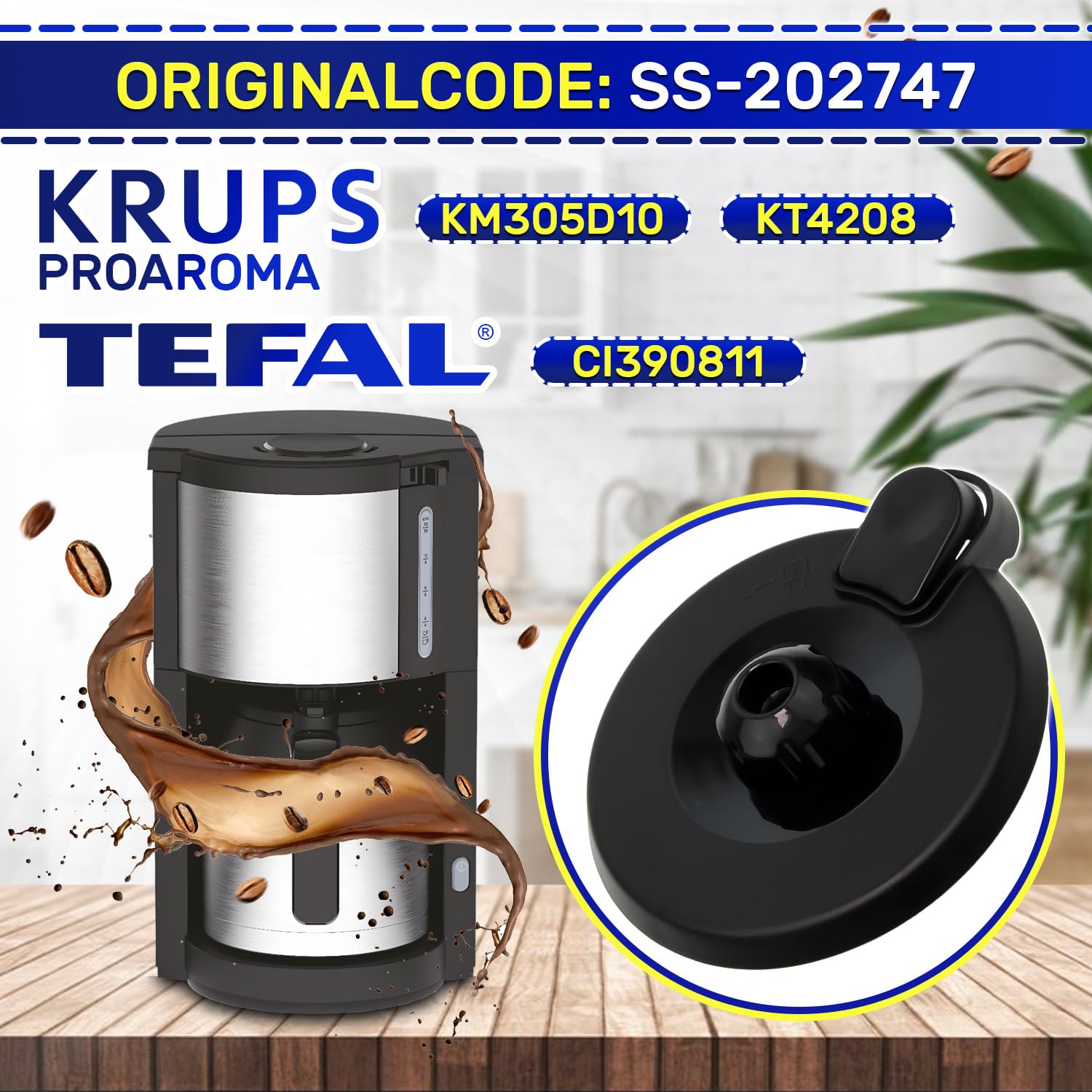 Deckel der Kaffeekanne für Filterkaffeemaschine mit dem Originalcode SS-202747 SS202747 für Krups ProAroma KM305D10 KT4208 für Tefal CI390811 - Garantie 10 Jahre - MONTERAL